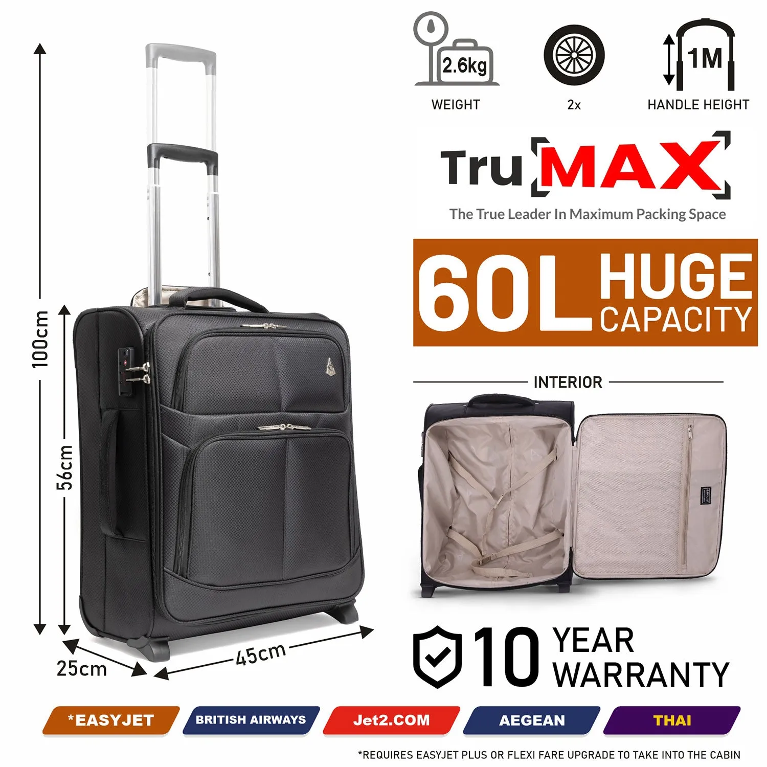 Aerolite British Airways Maximum Size Bundle, 56x45x25cm Large Cabin Softshell Suitcase & 40x30x15cm Under Seat Holdall