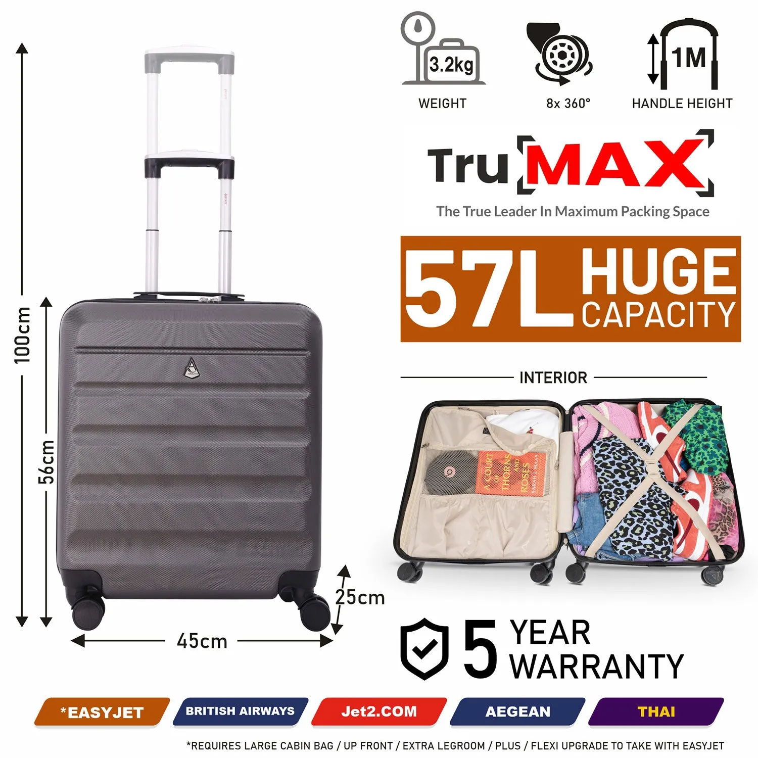 Aerolite Easyjet Bundle, Large Cabin (56x45x25cm) Lightweight Hard Shell Cabin Suitcase & (45x36x20cm) Easyjet Max Holdall