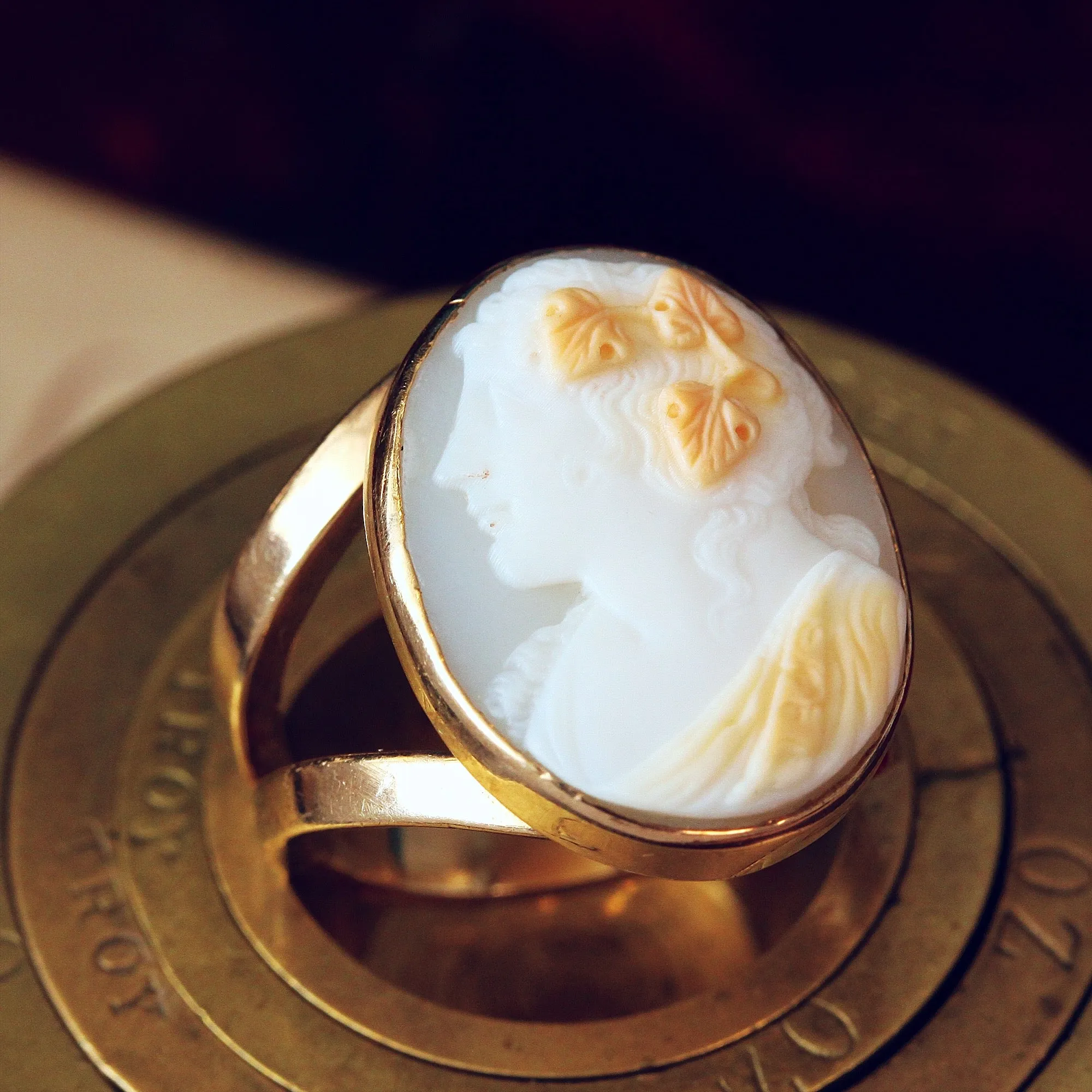 Antique Classical Bacchante Shell Cameo Ring