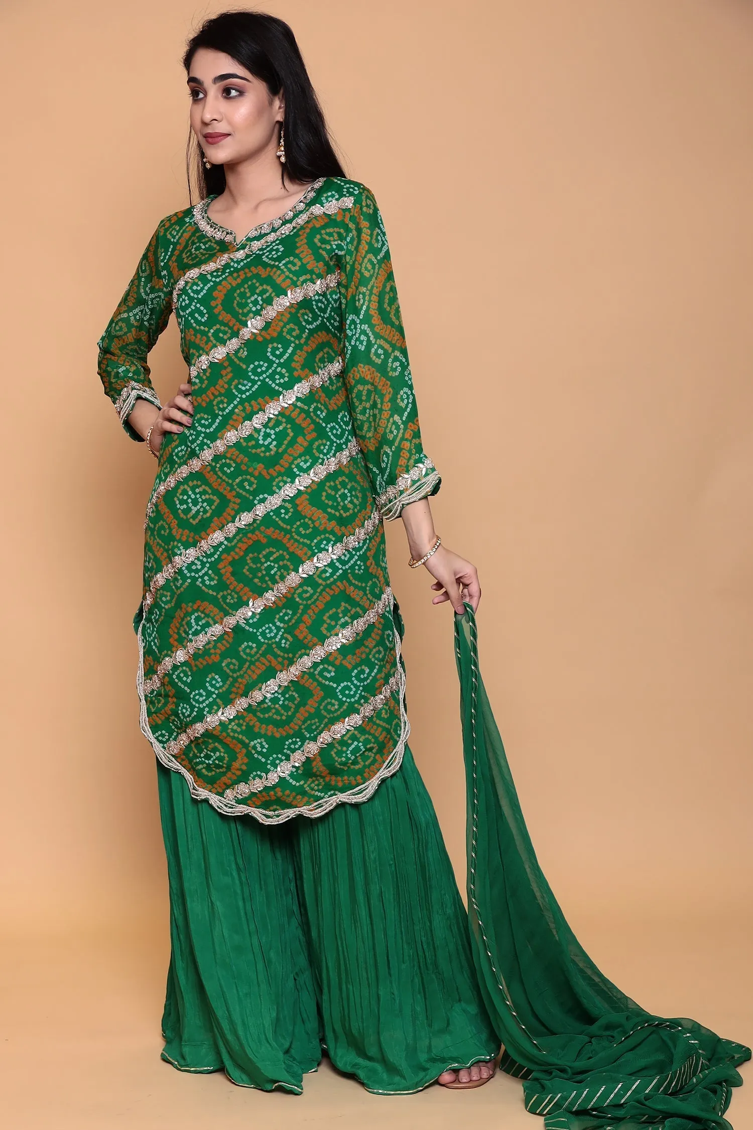 Bandhej Georgette Sharara Suit with Gota Patti work.