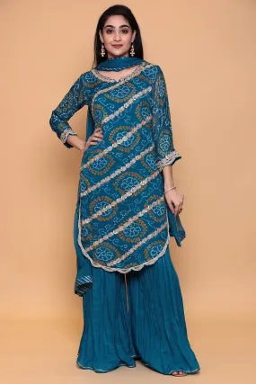 Bandhej Georgette Sharara Suit with Gota Patti work.