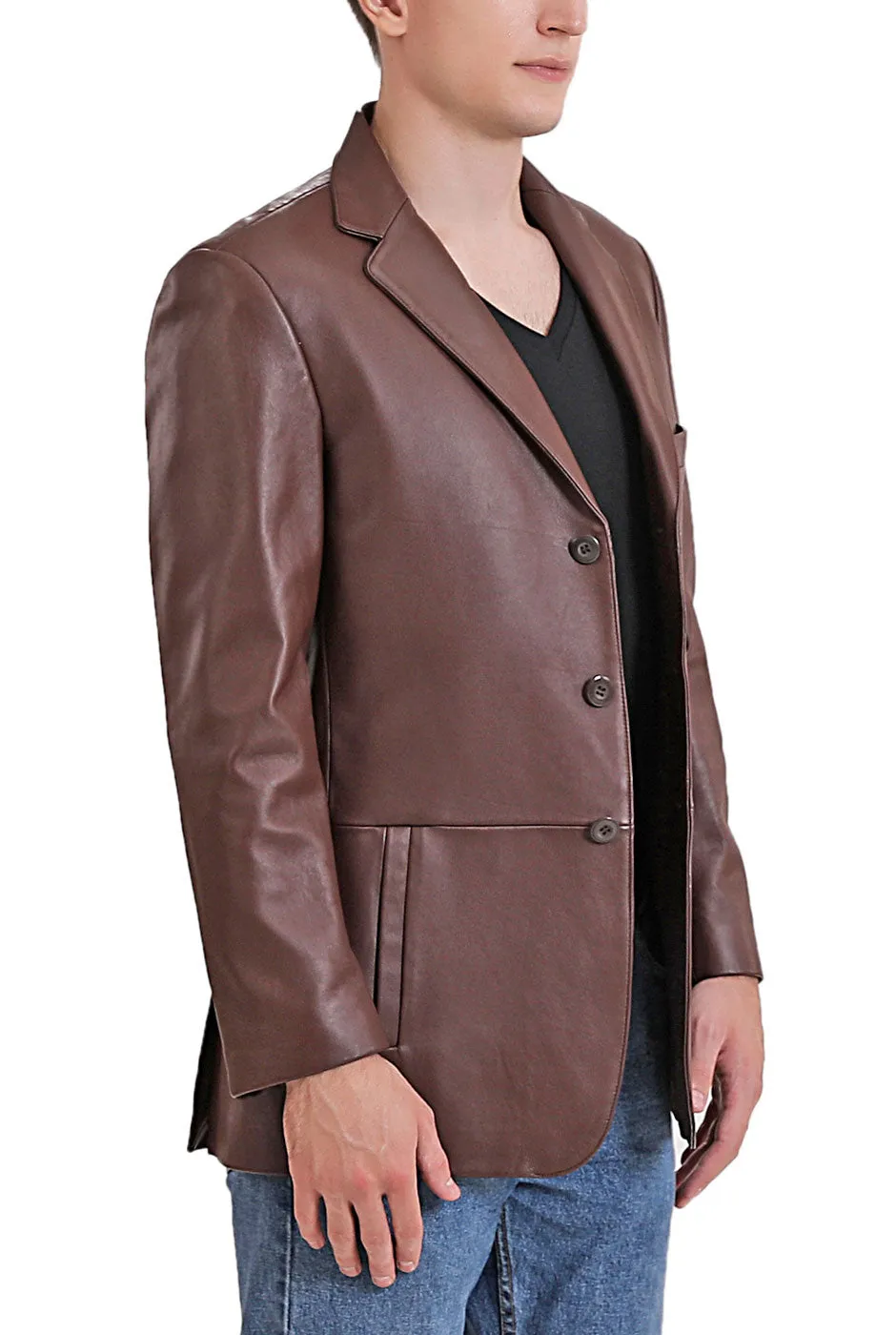 BGSD Men Leroy Three Button Lambskin Leather Blazer