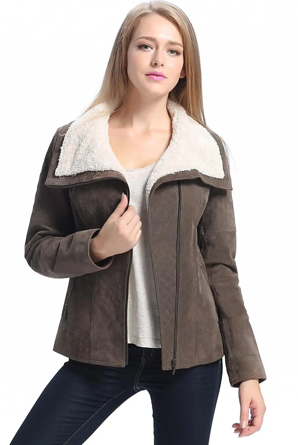 BGSD Women Liza Quilted Sherpa Suede Leather Jacket