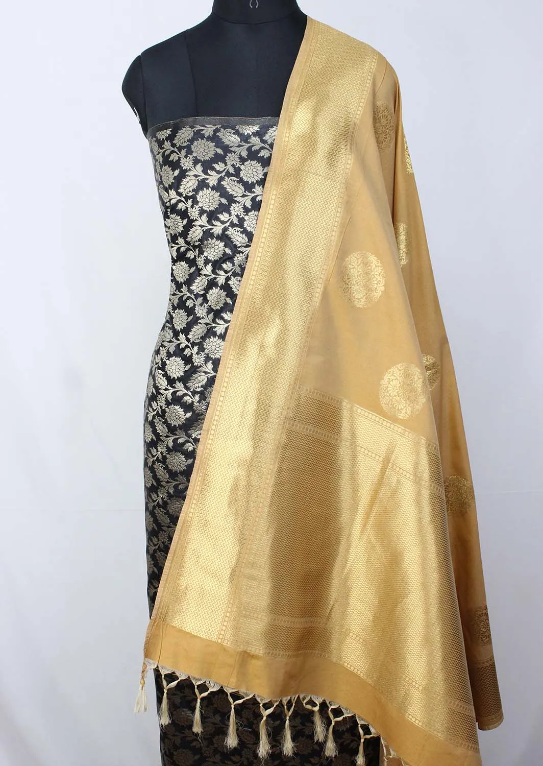 Black Banarasi Silk Suit With Cream Banarasi Silk Dupatta