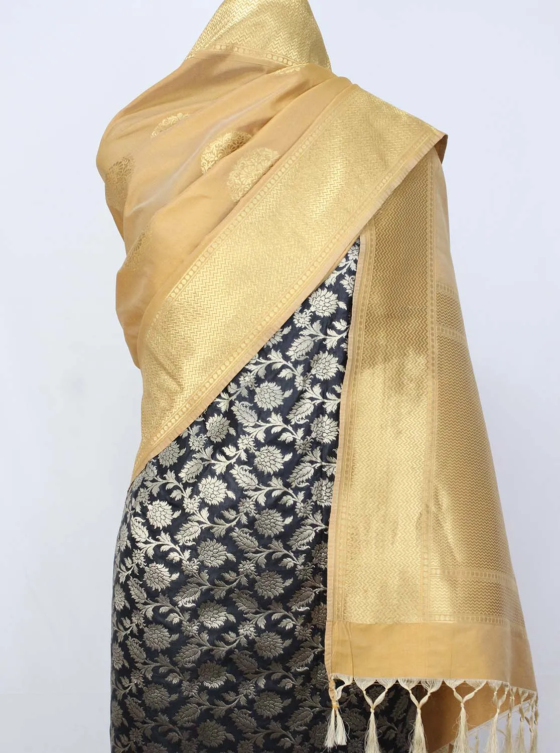 Black Banarasi Silk Suit With Cream Banarasi Silk Dupatta