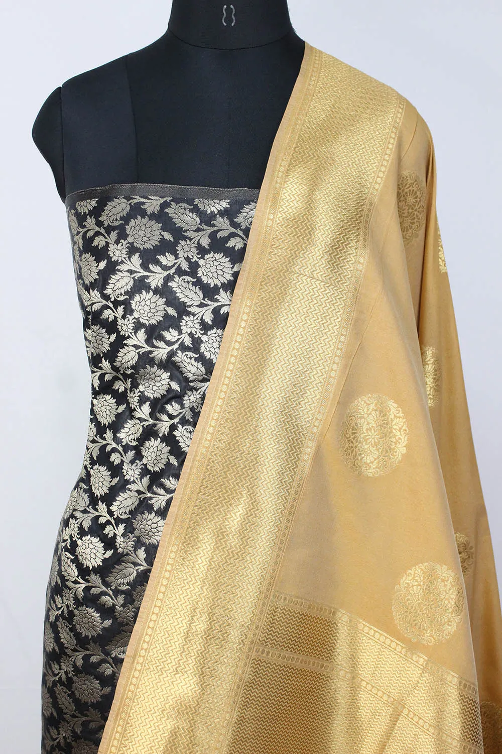 Black Banarasi Silk Suit With Cream Banarasi Silk Dupatta