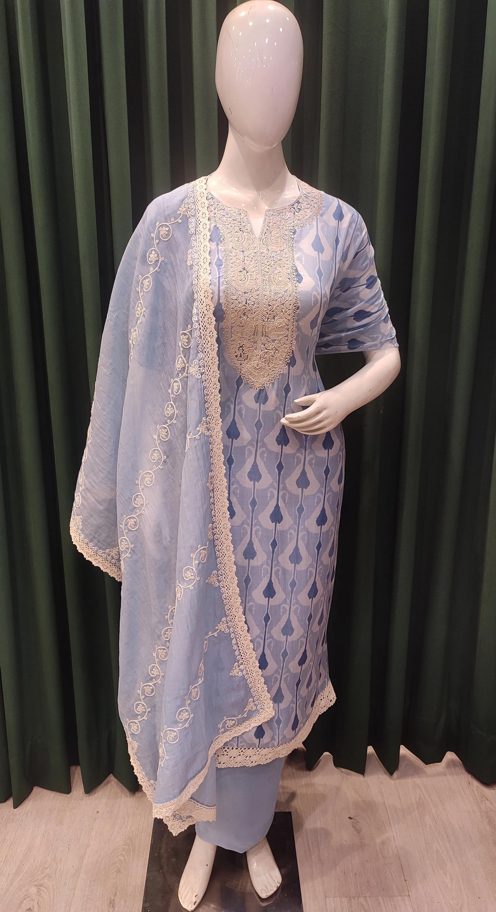 Blue Muslin Semistitch Suit With Lace Work