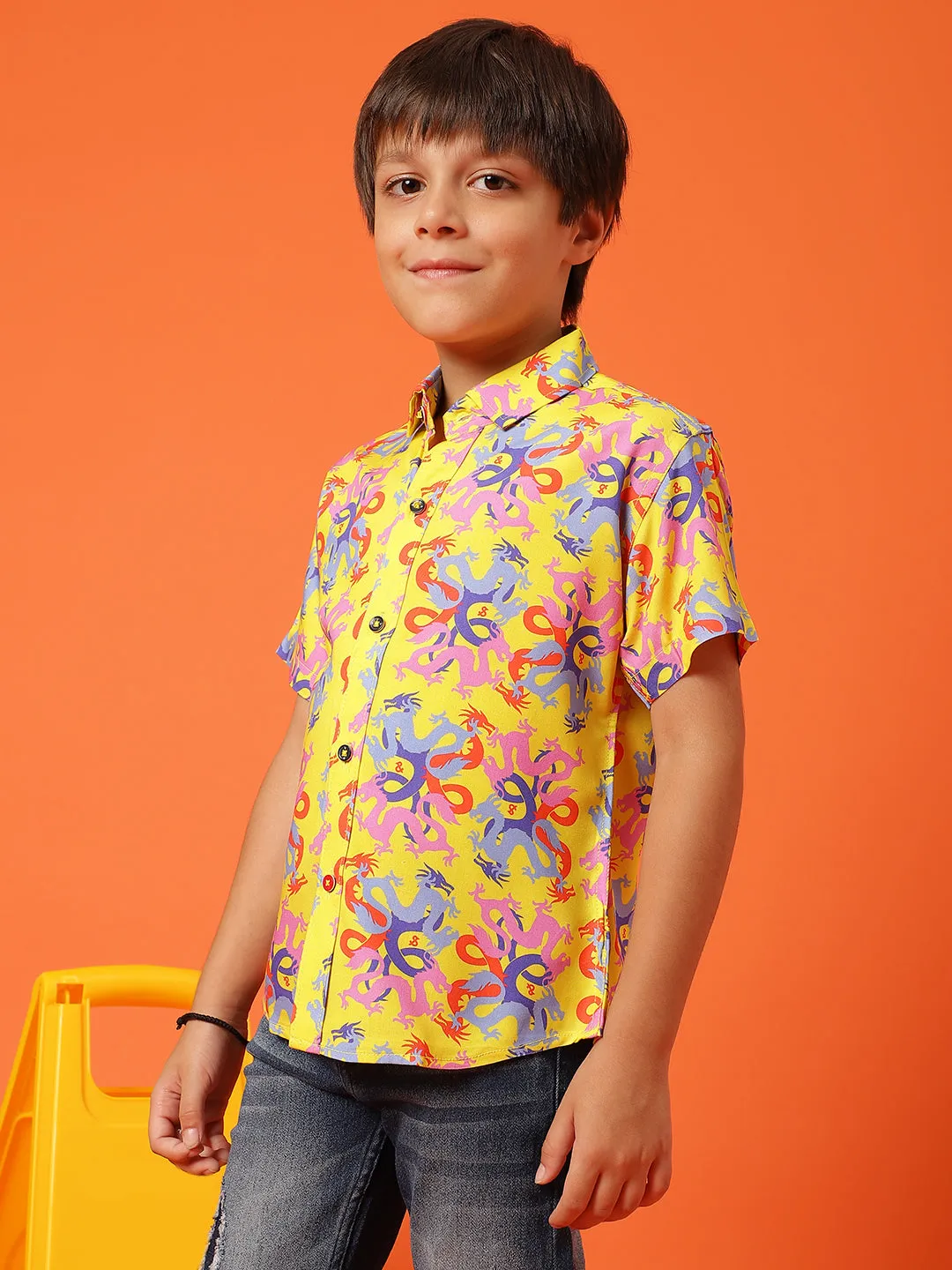 Boys Printed Yellow Rayon Regular Fit Half Sleeve Shirt