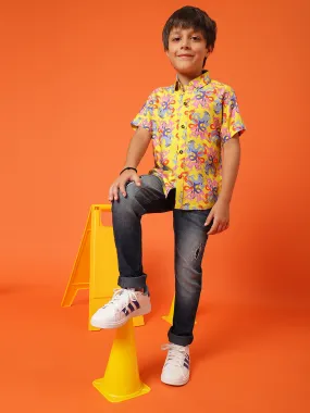 Boys Printed Yellow Rayon Regular Fit Half Sleeve Shirt