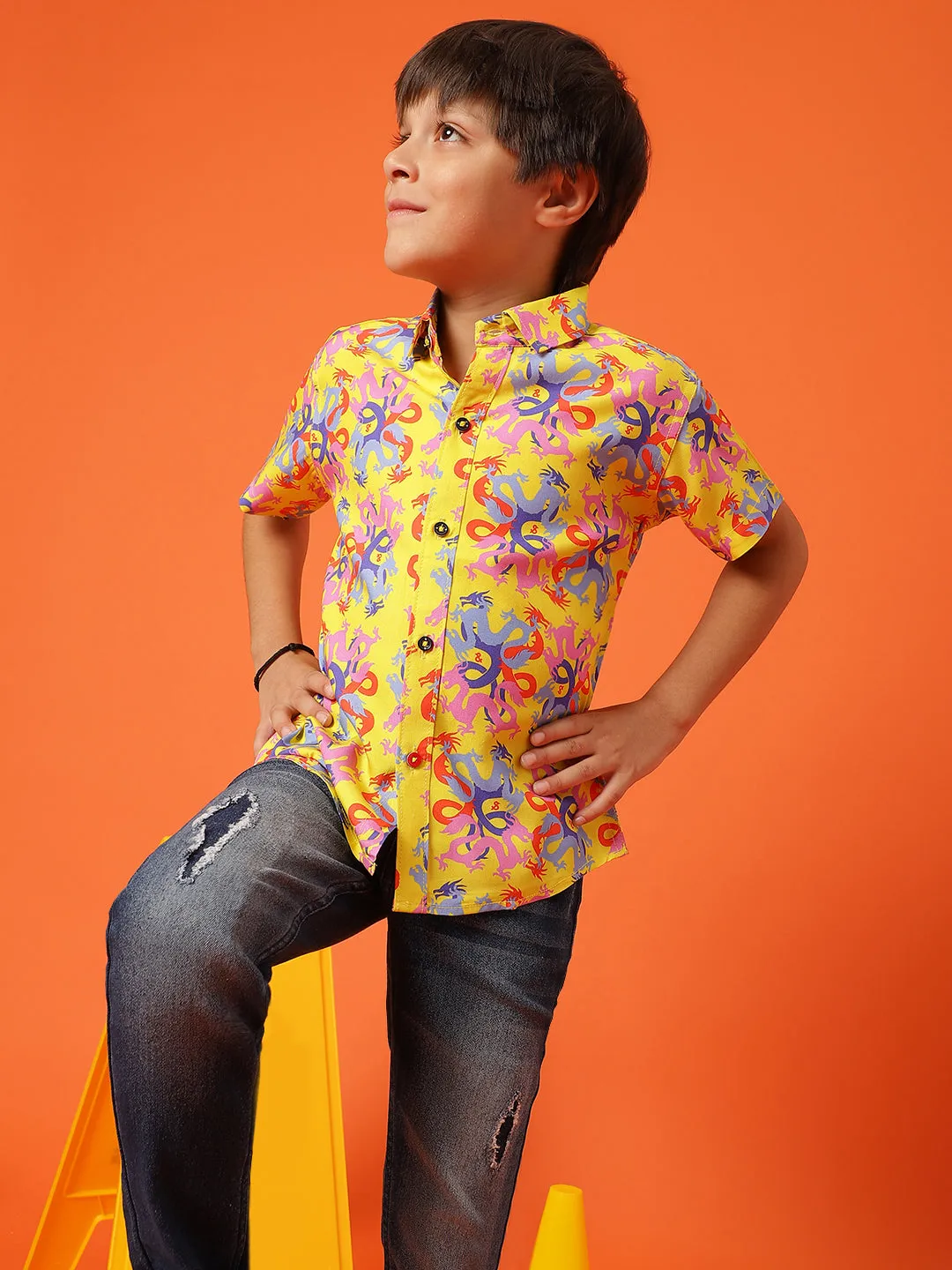 Boys Printed Yellow Rayon Regular Fit Half Sleeve Shirt