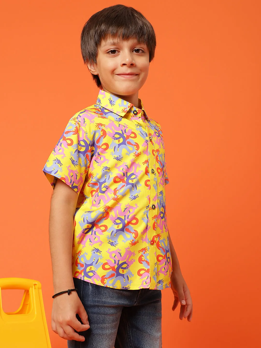 Boys Printed Yellow Rayon Regular Fit Half Sleeve Shirt