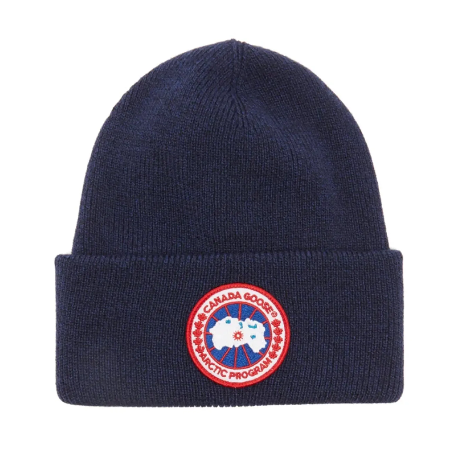 CANADA GOOSE PATCH LOGO RIB-KNIT MARINO WOOL BEANIE HAT