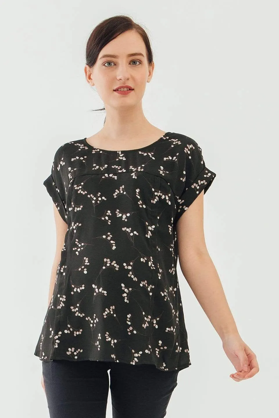 Clarisa Back Bow Black Sprigs Short Sleeve