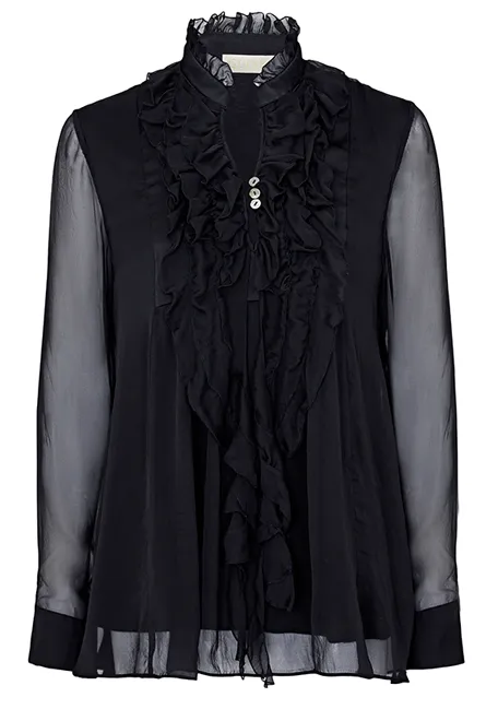 Ellie Ruffle Black Top - Pure Silk With Jersey Lining