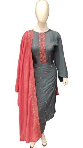 Grey Muslin Unstitched Suit with Hand Work and Dupatta