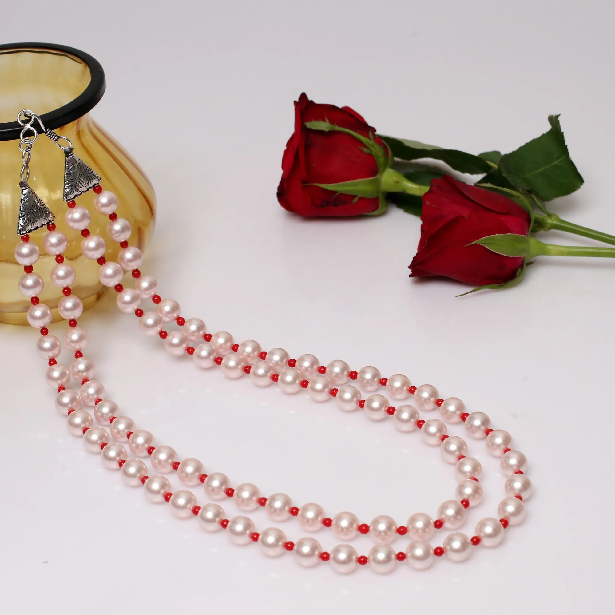 Imeora Double Line Pink Shell Pearl Necklace With Red Beads