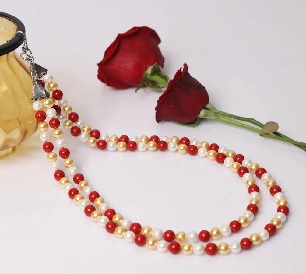 Imeora Red Golden White 8mm Double Line Shell Pearl Necklace