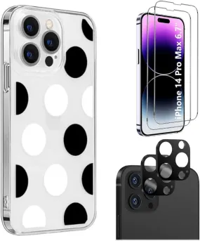 iPhone 14 Pro Max Protection Kit Bundle - Polkadot Hybrid-Flex Hard Shell Case with Tempered Glass Screen and Camera Protector (Clear/Black/White)