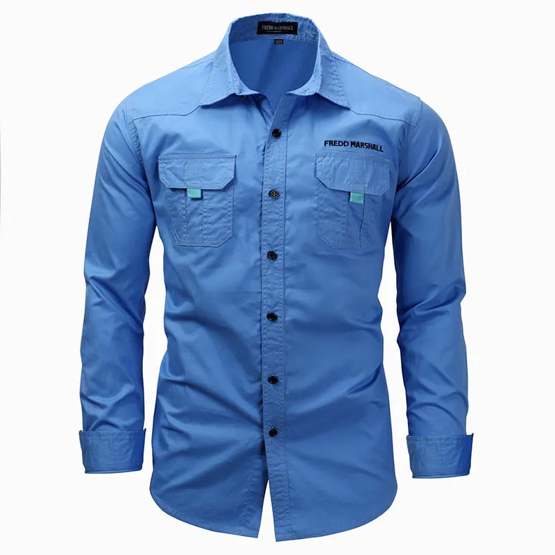 Long Sleeve Lapel Outdoor Shirt Cotton Casual Pocket Men Shirt