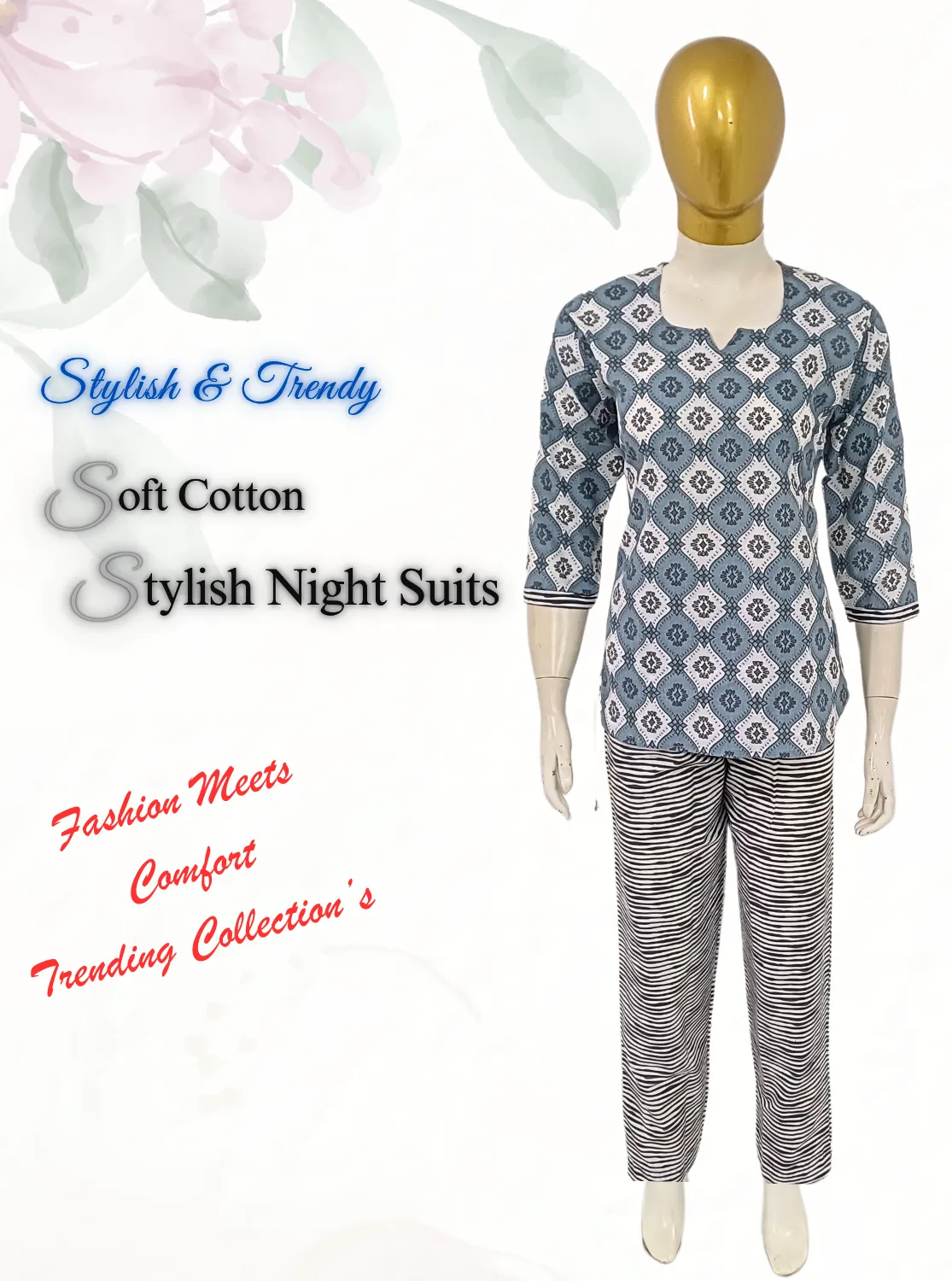 MANGAI Premium Cotton Printed Cambric Night Suits | Stylish Print's All Over | Top & Bottom Set | 3/4 Sleeve | Trendy Night Suits for Stylish Women's (CMNS)