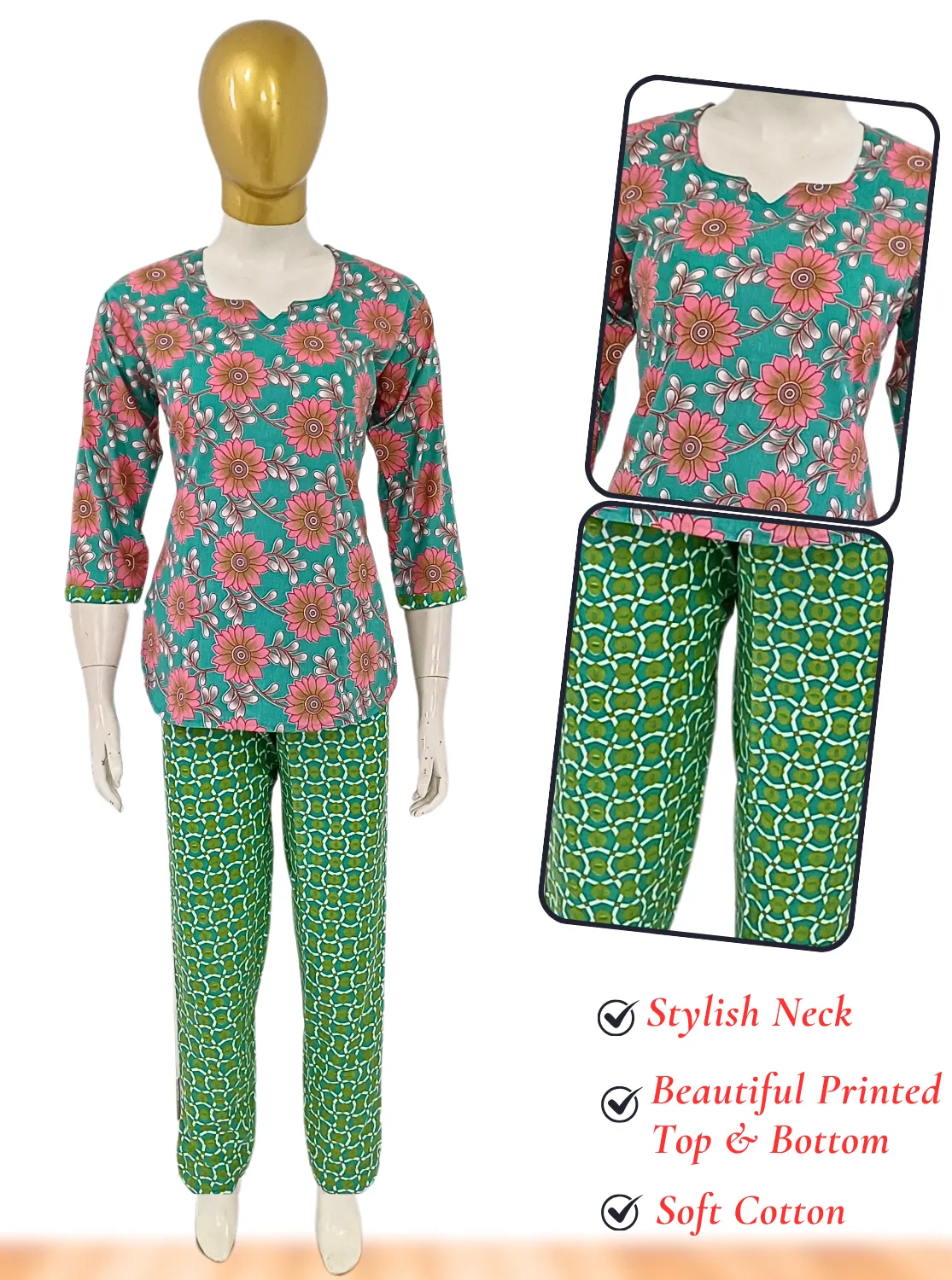 MANGAI Premium Cotton Printed Cambric Night Suits | Stylish Print's All Over | Top & Bottom Set | 3/4 Sleeve | Trendy Night Suits for Stylish Women's (CMNS)