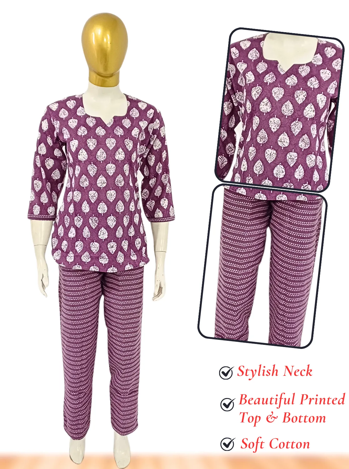 MANGAI Premium Cotton Printed Cambric Night Suits | Stylish Print's All Over | Top & Bottom Set | 3/4 Sleeve | Trendy Night Suits for Stylish Women's (CMNS)