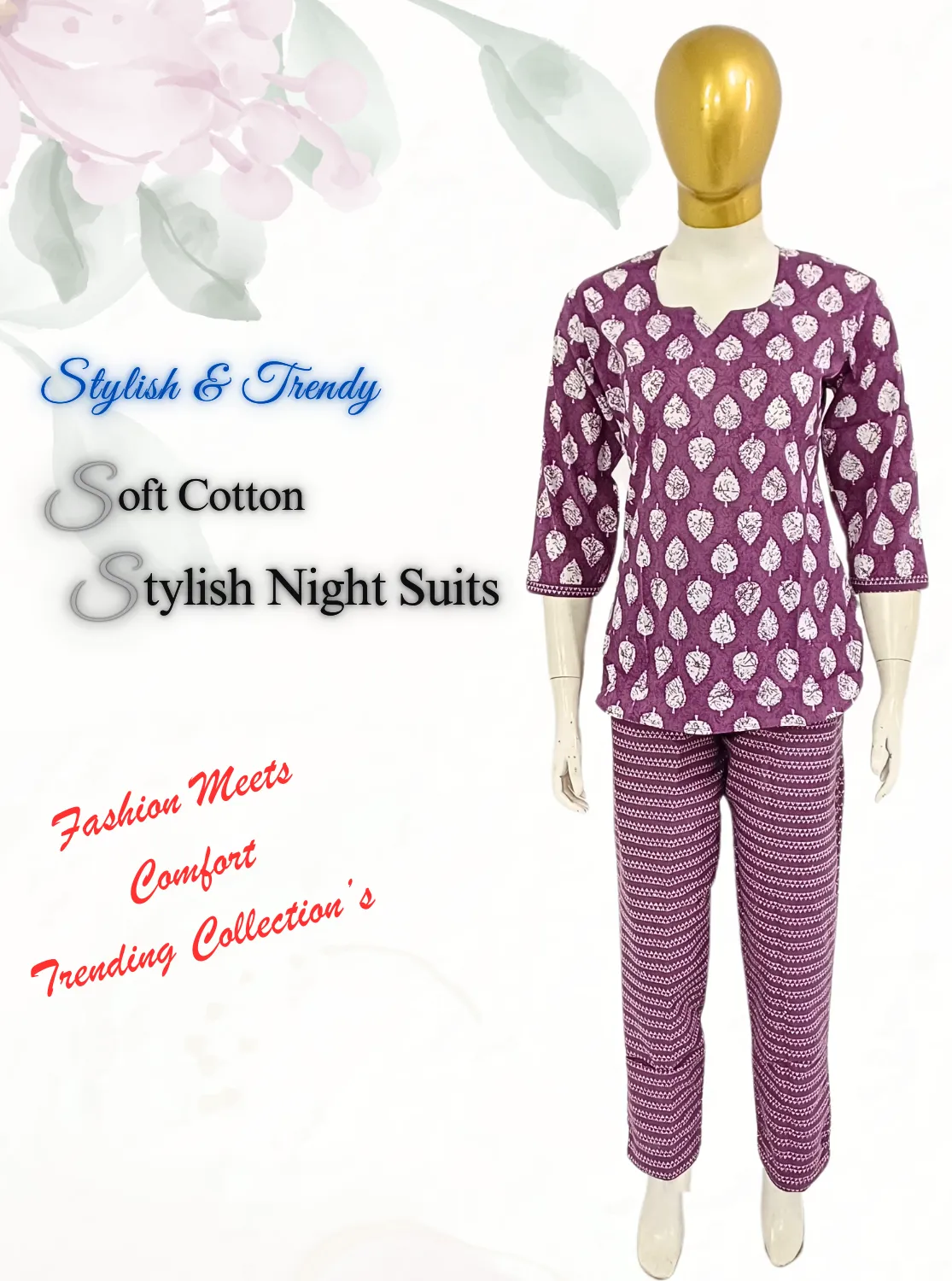 MANGAI Premium Cotton Printed Cambric Night Suits | Stylish Print's All Over | Top & Bottom Set | 3/4 Sleeve | Trendy Night Suits for Stylish Women's (CMNS)