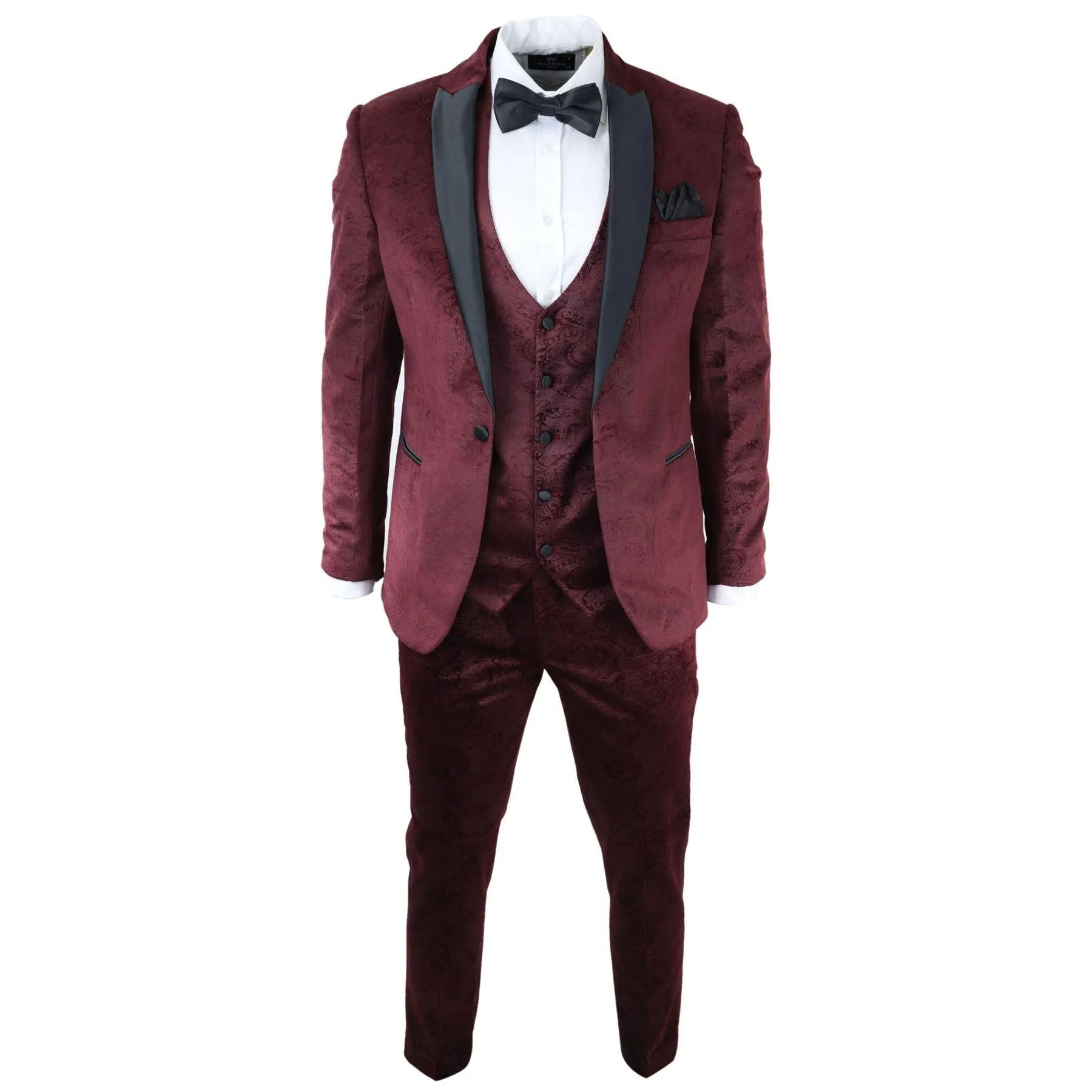 Mens Marc Darcy Velvet Paisley Burgundy Fit 3 Piece Suit Tuxedo Dinner Jacket Wedding