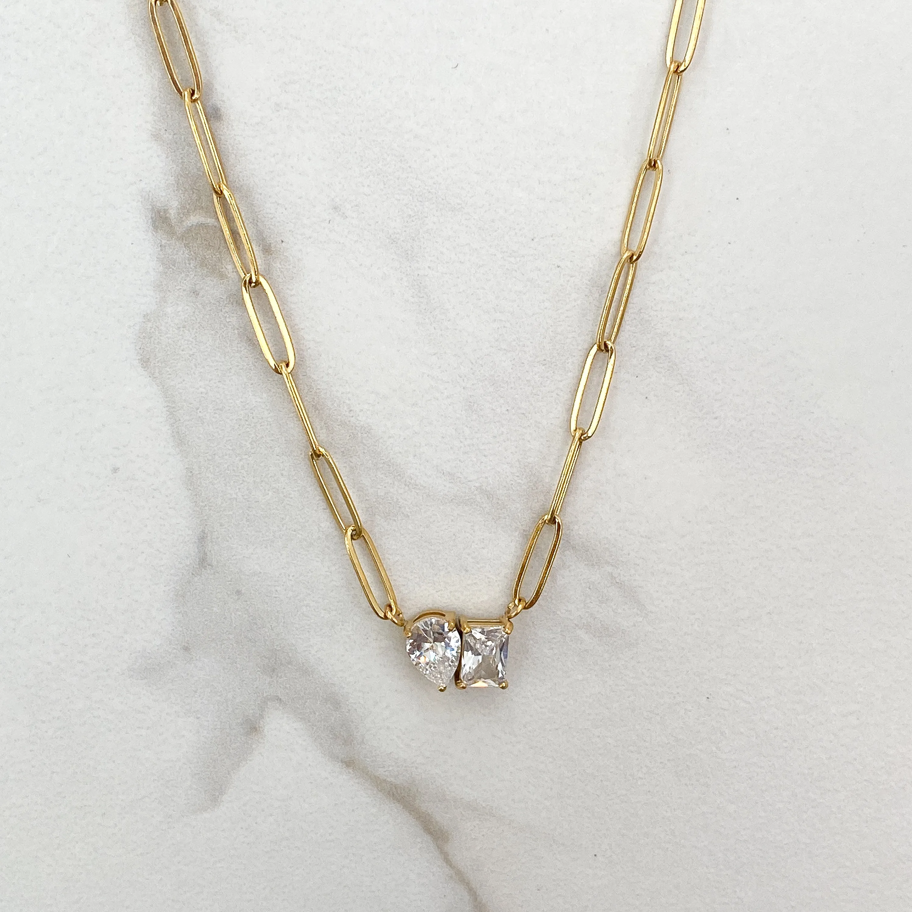 MILA Gold Paperclip Chain Crystal Necklace