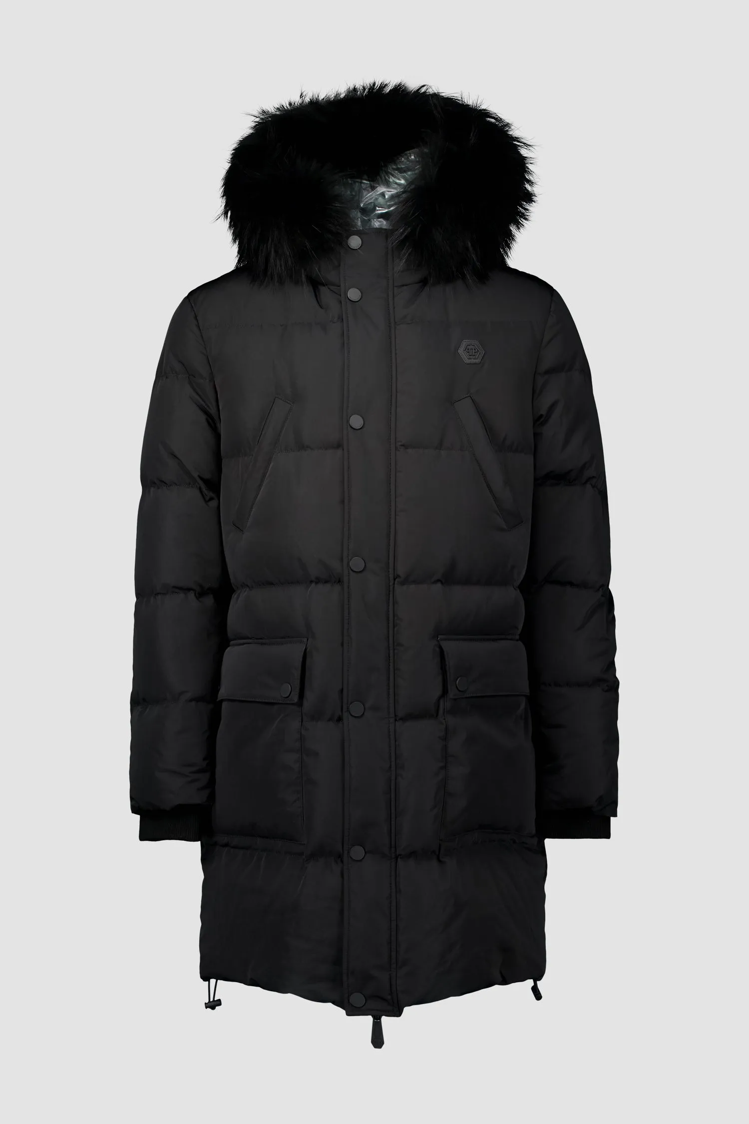 Philipp Plein Black Nylon Parka with real fur Skull & Bones Jacket