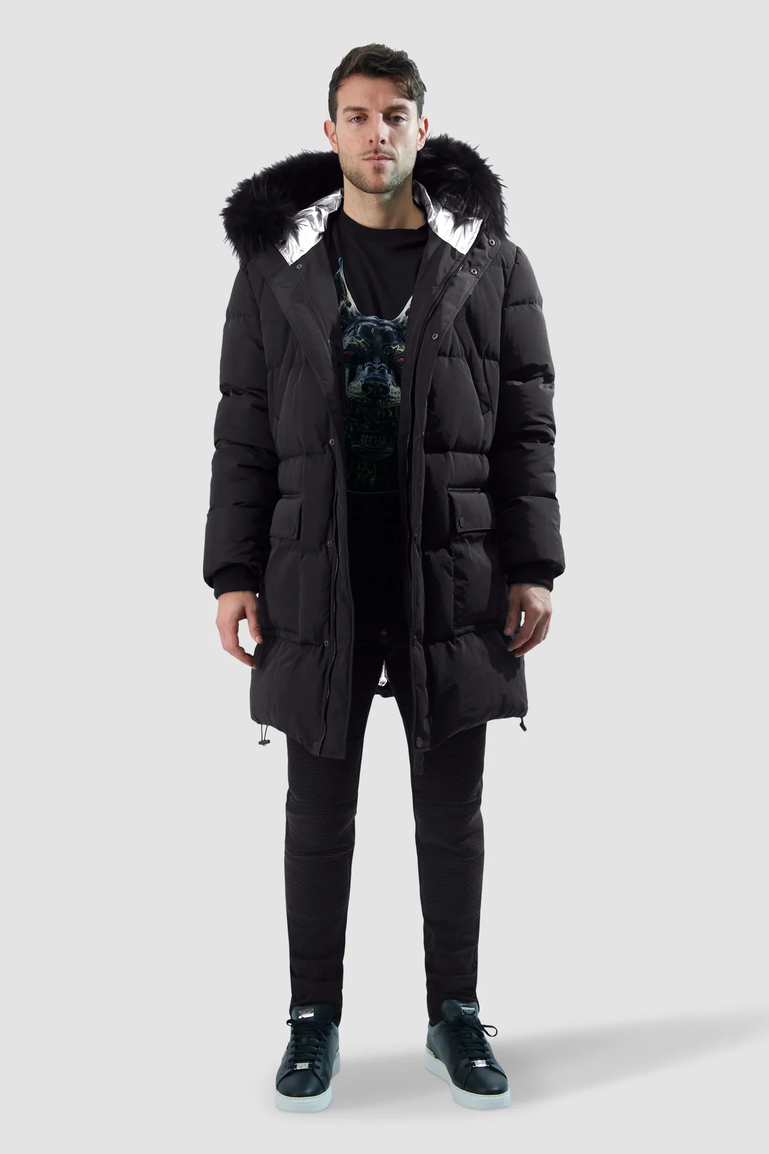 Philipp Plein Black Nylon Parka with real fur Skull & Bones Jacket