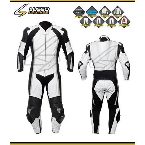 Rowe's white and black motorcycle leather suit