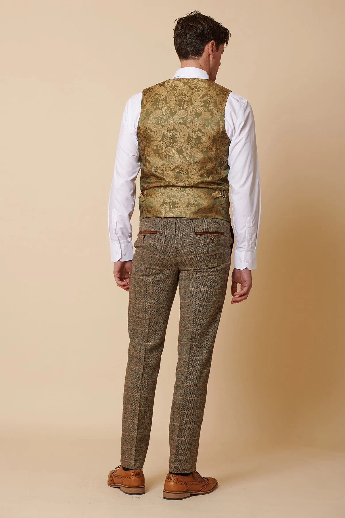 TED - Tan Tweed Check Three Piece Suit with Double Breasted Waistcoat