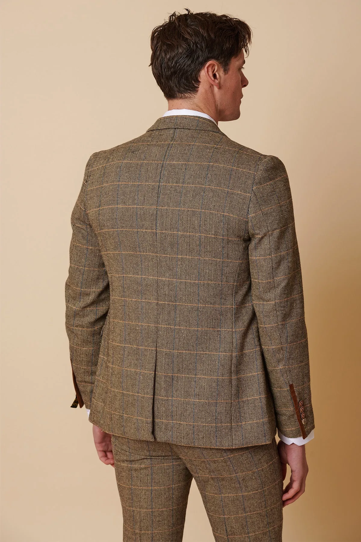 TED - Tan Tweed Check Three Piece Suit with Double Breasted Waistcoat