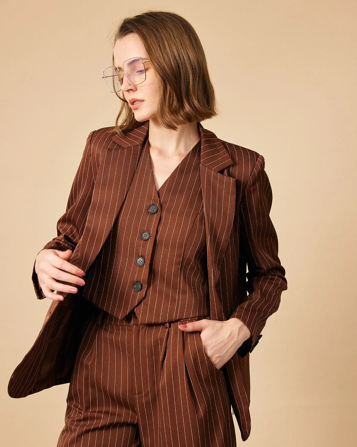 The Brown Striped One Button Collared Blazer