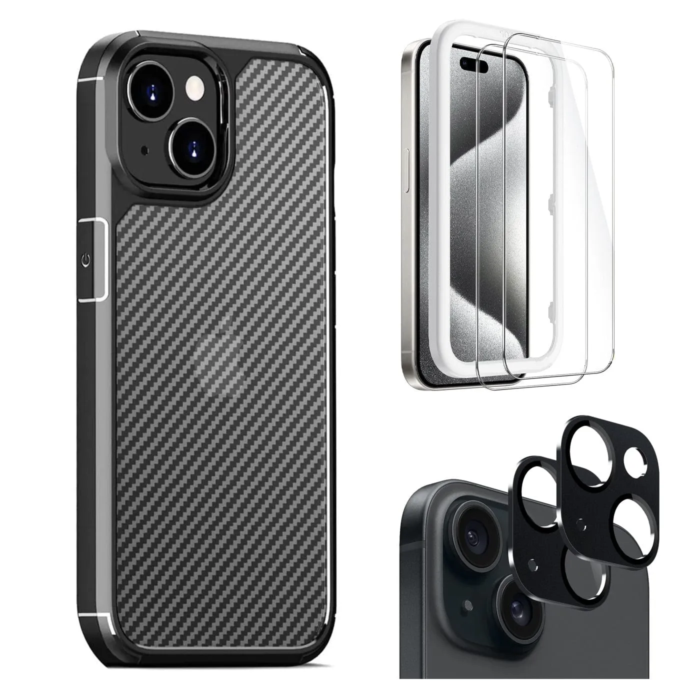 Venture Series Carbon-Fiber Style Anti-Slip Case with Screen and Camera Protector - iPhone 15 Plus